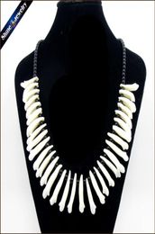 Real Wolf Tooth Fangs Canine Pendant Chain Black Glass Beaded Strand Choker Chunky Statement Bib Necklace Amulet Tribal Jewelry 206256690