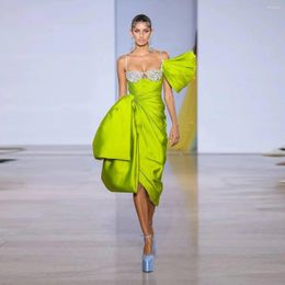 Casual Dresses Neon Green Women Crystals Sexy Spaghetti Off Shoulder Prom Gowns Gorgeous Birthday Dress Mid Calf Length Ruffle