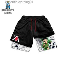 Men's Shorts Anime Hunter X Hunter Gym Shorts Men 2 In 1 Quick Dry Performance Shorts Mesh Summer Bodybuilding Fitness Running Short Pants L231212