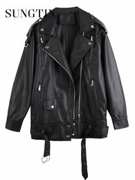 Women's Jackets Sungtin Black PU Leather Jackets Women with Belt Oversized Korean Loose Motorcycle Faux Leather Jackets Fashion Causal Outerwear 231211