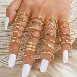 Cluster Rings Gold Color Heart Set For Women Vintage Geometric Cross Pearl Butterfly Finger Female Trendy Jewelry Gift