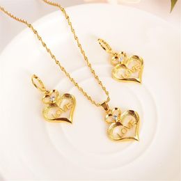 stamep L O V E heart Character Rhinestone Jewellery sets Pendant Necklaces Earrings 24 k Fine Gold GF CZ girls Europe women223w