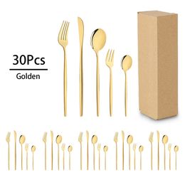 Cookware Sets 30Pcs Golden Cutlery Set Knife Fork Spoon Dinnerware Cake Flatware Stainless Steel Silverware Party Kitchen Tableware 231211