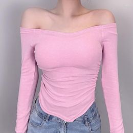 Women's T Shirts Real S South Korea Dongdaemun Off-Neck Strapless Sexy Ruched All-Matching Slim Fit Slimming Long-Sleeve T-shirt Top