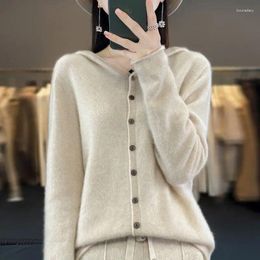 Women's Sweaters Knitted Cashmere Sweater Autumn And Winter Pure Wool Hooded Cardigan Solid Color Loose Hoodie