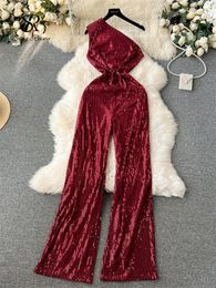 Women s Jumpsuits Rompers SINGREINY American Retro Sequin Jumpsuit Diagonal Collar Solid Long Wide Legs Pants Romper Elegant Backless Sexy Party 231212