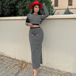 Work Dresses NEONBABIPINK Striped Print Backless Dress Long Sleeve Two Piece Crop Top Skirt Sets Casual Winter Outfits For Women N85-DD41