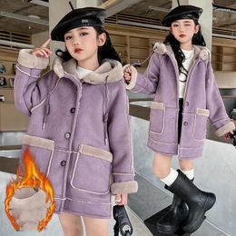 Jackets Korean Winter Children Girl Plus Velvet Fur Jacket Teenager Hooded Windproof Warm Coats School Thicken Outwears