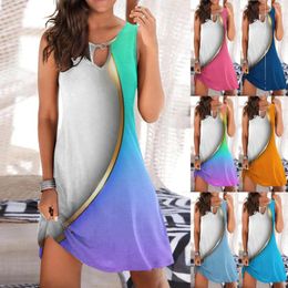 Casual Dresses Women Round Neck Hollow Ring Design Fashion Line Color Block Print Sleeveless Dress