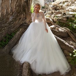 Tulle Jewel Wedding Dresses 2023 Bride Long Sleeve Illusion Stylish Classic Backless Covered Button Sequins A-Line