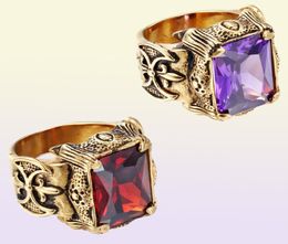 Square White Green Purple Red Stone Mens Ring Punk Vintage Gold Titanium Stainless Steel Dragon Claws Cubic Zirconia Ring for Men 7755897