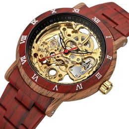 Wristwatches Luxury Automatic Mechanical Watch For Men Stainless Steel Skeleton Reloj Male Wood Grain Red Clock Man Hombre Relogio Masculino