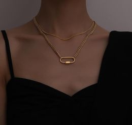 Peri039sBox Gold Color Safety Pin Carabiner Necklaces Two Layered Oval For Women Minimalist Stainless Steel Jewelry Pendant2891347