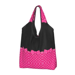 Shopping Bags Pink Polka Dot Bow Girl Bag Portable Women Tote Handbag Eco Grocery No Zipper Fashion For Work Outdoor Picnic