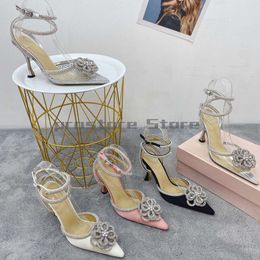 Çiçekler Kadın Sandalları için Elbise Ayakkabı Kristal Rhinestone Stiletto Topuk Slingbacks Lüks Tasarımcı Ayak parmakları Parti Düğün Sandal 9.5cm Yüksekli Ayakkabı