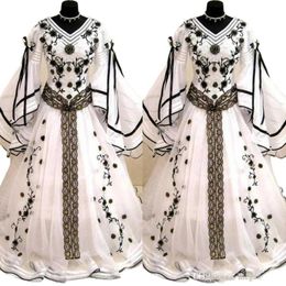 Victorian Black And White Wedding Dress Flare Long Sleeve Renaissance Gothic Holloween Lace-up Corset Medieval Bridal gown