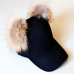 Cotton baseball cap with two Pom Pom faux fur hats unisex adjustable snapback hat caps newest 323p