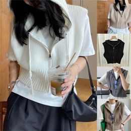 Women's Hoodies Fashion Women Knitted Hooded Sweater Vest Solid Colour V-Neck Front Zipper Drawstring Sleeveless Cropped Tanks Streetwear