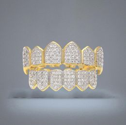 Hip Hop Micro Pave Cubic Zircon Teeth Grillz Caps Top Bottom Men Women Gold Silver Colour Vampire Fangs Grills Set3522732