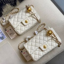 Women Designer Classic Flap Bag Shiny Tote Crush Pearl Gold Ball Metal Hardware Diamond Quilted Flap Real Leather Crossbody Shoulder bags