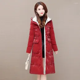 Women's Trench Coats Hooded Drawstring Waist Shiny Down Cotton Jacket Female Korean Winter Temperament Warm Women JD2147