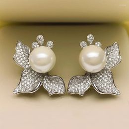 Hoop Earrings 2023 S925 Silver Flower Bow Inlaid Pearl 12mm Jewellery Lady