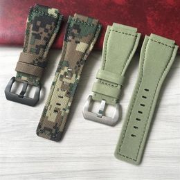 Watch Bands High Quality 34mm 24mm Camo Army Green Nylon Canvas Leather Strap For Bell Series Ross BR01 BR03 Watchband Bracelet Be2261