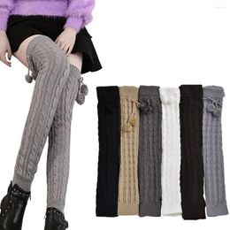 Women Socks 1 Pair Knitted Lace-up Pompoms Over Knee Covers Keep Warm Autumn Winter Boot Stockings For Daily Life