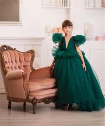 Girl Dresses Emerald Green Flower Dress For Wedding V Neck Long Length Girls Birthday Party Gown Child 1-14T