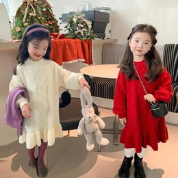 Girl Dresses Winter Girls Alpaca Flocking Sweaters Dress Kids Thicken Warm Twists Knitted Fishtail