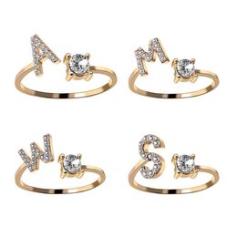 A-Z Letter Gold Colour Metal Adjustable Opening Couple Rings Initials Name Alphabet Female Creative Finger Trendy Party Jewelry306E