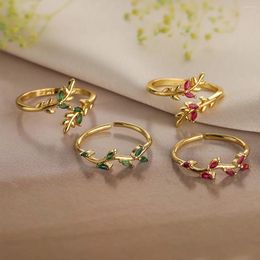 Cluster Rings Mafisar Unique Design Gold Plated Red/Green Zircon Leaf Geometric Open Ring Women Fashion Simple Daily Party Wholesale