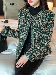 Womens Suits Blazers CJFHJE Harajuku Winter Tweed Suit Jacket Women Green Plaid ONeck Long Sleeve Button Up High Street Vintage Elegant Lady 231212