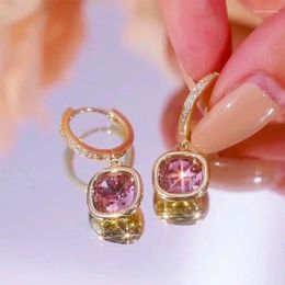 Hoop Earrings Square Crystal Pendant Micro-paved Zircon Gold Colour For Women Light Luxury Temperament Girls Jewellery Birthday Gift