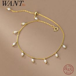 Anklets WANTME 925 Sterling Silver Fashion Simple Chain Baroque Pearl Tassel Anklet for Women Elegant Wedding French Jewelry Accessories 231211