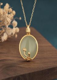 Chinese Retro Court Style Design Jade Inlaid Round Gold Lotus Pendant Classic Lady Necklace Jewelry Gift Necklaces4858157