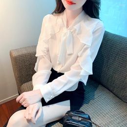 Women's Blouses Fashion Woman Blouse 2023 Autumn Bow Chiffon Shirts For Women Elegant And Youth V-neck White Blusas Para Mujer