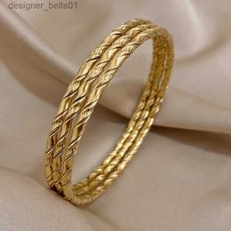 Charm Bracelets 3pcs Gold Color Twist Stainless Steel Bangle Bracelet Chic Classic Tibetan Buddha Bracelet Golden Stacked Bangles For WomenL231214