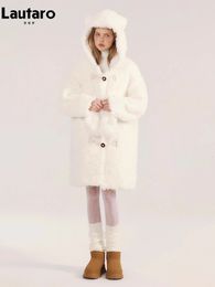 Women's Leather Faux Lautaro Winter Long Warm Soft White Fur Coat Women with Bear Ears Horn Buttons Sweet Cute Lovely Fluffy Jacket Hood 231212