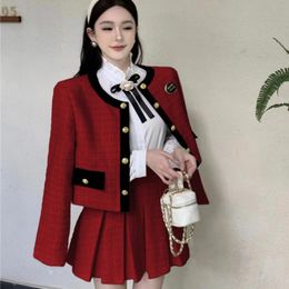 Two Piece Dress Korean Autumn Small Fragrance Two Piece Set for Women Tweed Double Breasted Jacket Coat High Waist Mini Skirts Suit Outfit 231211