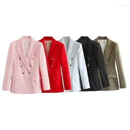 Women's Suits Women Fashion Pocket Decoration Double Breasted Solid Casual Blazer Coat Vintage Long Sleeve Female Outerwear Chic