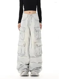 Women's Jeans Hip-hop Street White Multi-pocket For Women 2023 Autumn Winter Straight Washed Design Floor-length Wide-leg Pants