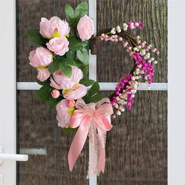 Decorative Flowers Valentine S Day Wreath Heart Shaped Artificial Bowknot Flower Twig Door For Wedding Party Home Office Decor