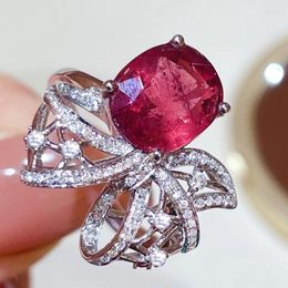 Cluster Rings Vintage Luxury Elegant Rose Flower Red Oval Crystals 925 Sterling Silver Jewellery For Women Cute Wedding Girlfriend Gifts