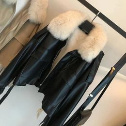 Women's Leather Women Jacket Autumn Winter Plush Thick Faux Short Detachable Imitation Fur Collar Female Punk Streetwear Coat