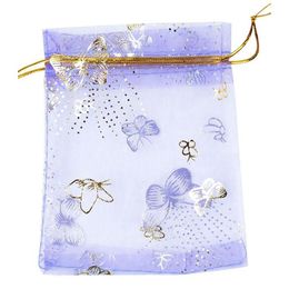 10x12cm 100pcs lot Purple Butterfly Print Wedding Candy Bags Jewellery Packing Drawable Organza Bags Party Gift Pouches350c