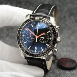 44MM Quartz Chronograph Date Mens Watches Red Hands Black Leather Strap Fixed Bezel With A Top Ring Showing Tachymeter Markings262I