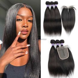 Synthetic Wigs Natural Colour hair bundles with closure straight 200g/set Brazilian middle part 4x4 closure with T type laceL240124