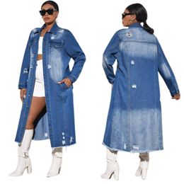 2024 Designer Denim Trench Coat Women Fashion Fall Winter Windbreaker Long Sleeve Ripped Jacket Cardigan Denim Cloak Outerwear Bulk Wholesale Clothes 10409