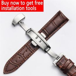 Universal quality Bands fit for SOLEX Strap Push Button Hidden Clasp Double press butterfly buckle Leather watch Brown 20mm266I289E